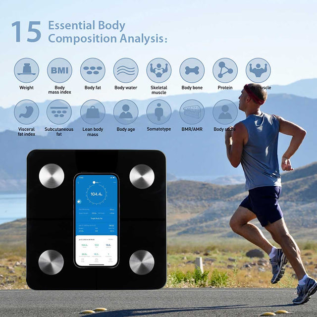 Smart scale with body composition analysis features displayed, alongside a person running outdoors. - okotoks hc pharmacy