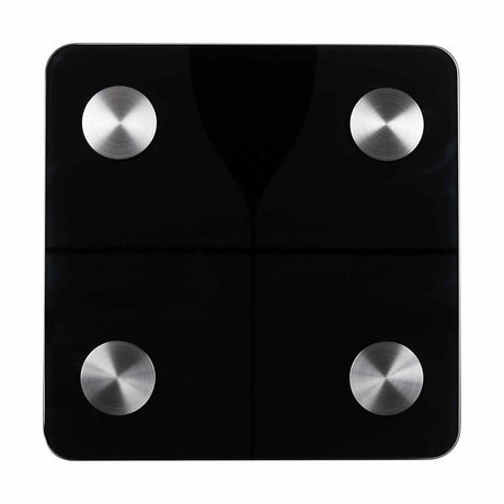 Black digital bathroom scale with silver measurement buttons on a white background - okotoks hc pharmacy