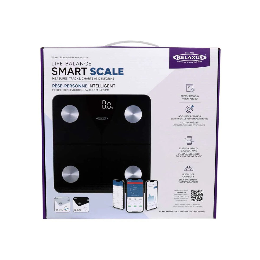 Box of a smart scale with branding and product features on a white background - okotoks hc pharmacy