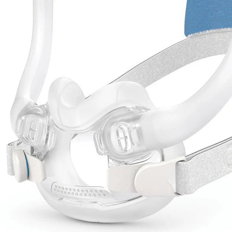 CPAP mask with clear faceplate and white headgear on a white background - okotoks hc pharmacy