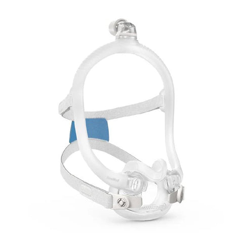 Clear CPAP mask with blue cushion on a white background - okotoks hc pharmacy