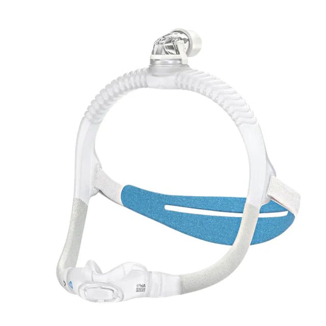 CPAP mask with blue cushion on a white background - okotoks hc pharmacy
