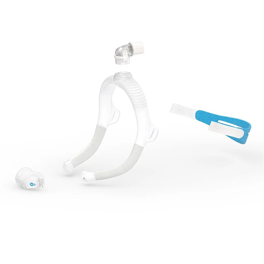 CPAP mask with blue clip on a white background - okotoks hc pharmacy