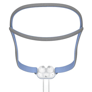 CPAP mask with gray and blue straps and white base on a white background - okotoks hc pharmacy