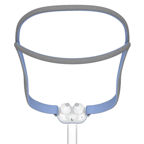 CPAP mask with gray and blue straps and white base on a white background - okotoks hc pharmacy