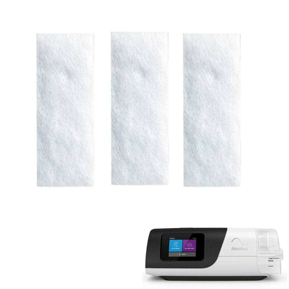 Three white textured filter cartridges shown above a white and black Respironic home oxygen concentrator on a plain white background. - okotoks hc pharmacy