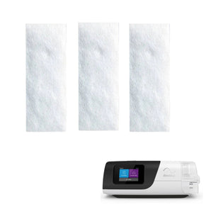 Three white textured filter cartridges shown above a white and black Respironic home oxygen concentrator on a plain white background. - okotoks hc pharmacy