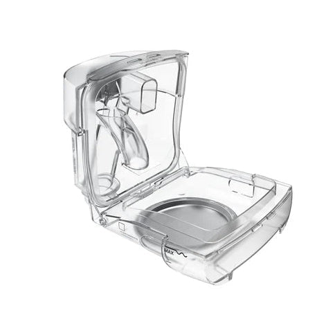 Clear plastic case with a small round component on a white background - okotoks hc pharmacy