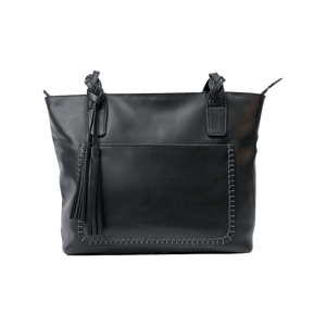 Black leather handbag with tassel on a white background - okotoks hc pharmacy