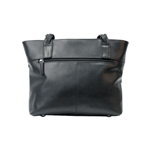Black leather tote bag on a white background - okotoks hc pharmacy