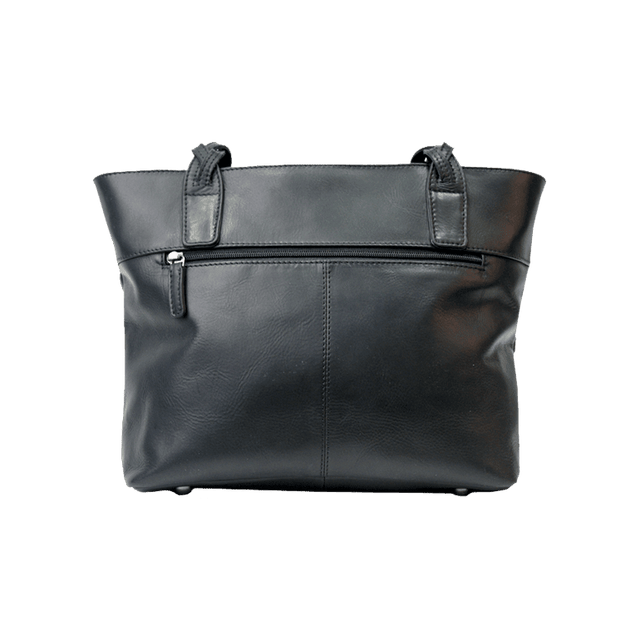 Black leather tote bag on a white background - okotoks hc pharmacy