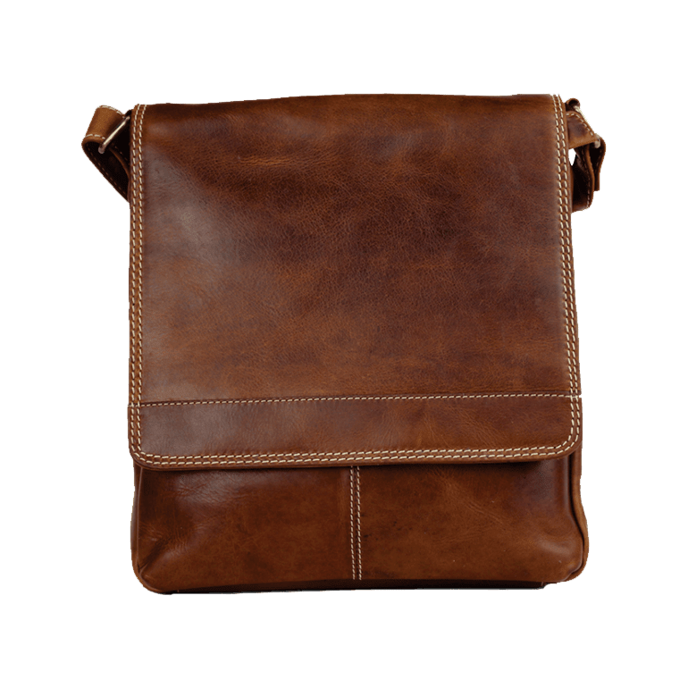 Brown leather crossbody bag on a white background - okotoks hc pharmacy