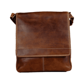 Brown leather crossbody bag on a white background - okotoks hc pharmacy