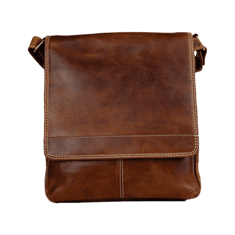 Brown leather crossbody bag on a white background - okotoks hc pharmacy
