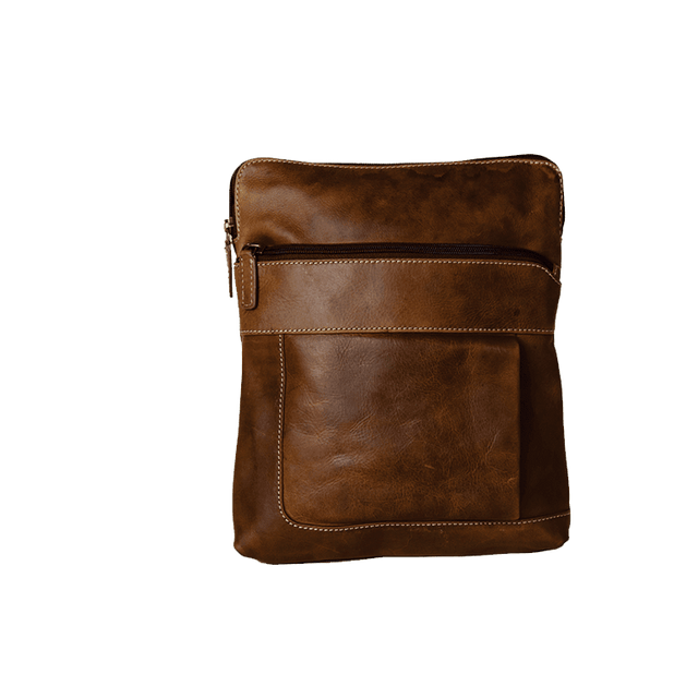 Brown leather crossbody bag on a white background - okotoks hc pharmacy
