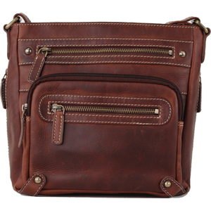 Brown leather crossbody bag with gold zipper details on a white background - okotoks hc pharmacy