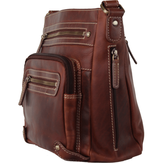 Brown leather bag with multiple pockets and zippers on a white background - okotoks hc pharmacy