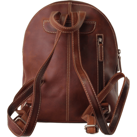 A brown leather backpack shown from the back, featuring a vertical stitched seam, a zippered pocket on the right side, and adjustable shoulder straps with metal buckles, isolated on a white background. - okotoks hc pharmacy