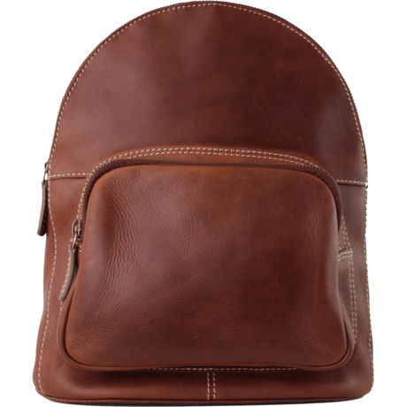 A brown leather backpack with a front zippered pocket and light-colored contrast stitching, shown against a plain white background. - okotoks hc pharmacy