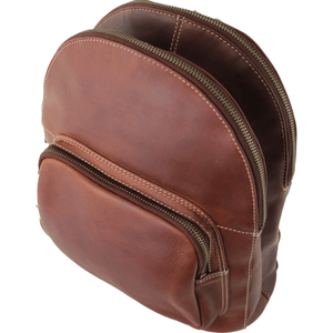 A brown leather mini backpack with a front zippered pocket and a main compartment, shown on a plain white background. - okotoks hc pharmacy