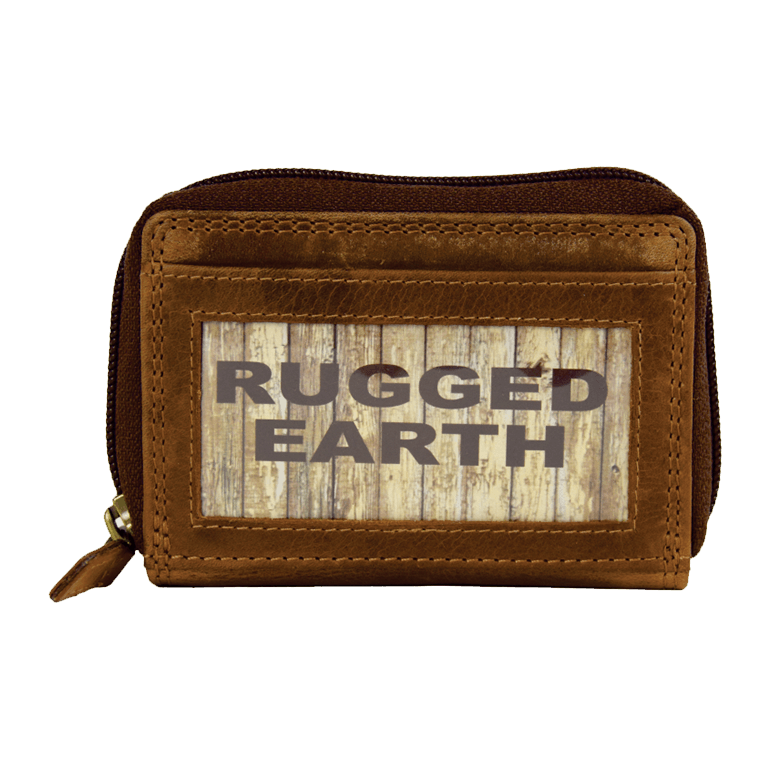 Brown leather wallet with 'Rugged Earth' branding on a white background - okotoks hc pharmacy