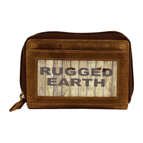 Brown leather wallet with 'Rugged Earth' branding on a white background - okotoks hc pharmacy