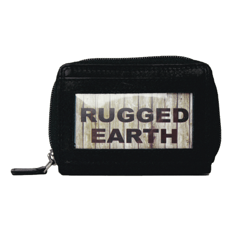 Black zippered wallet with 'Rugged Earth' logo on a white background - okotoks hc pharmacy