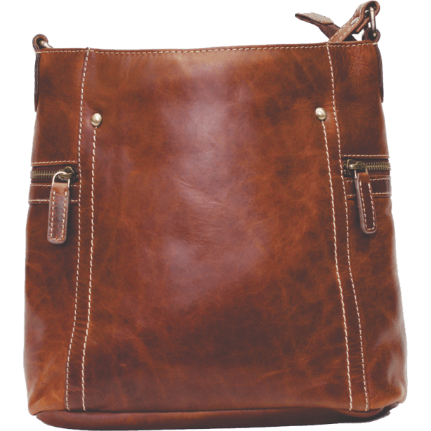 Brown leather handbag with gold accents on a white background - okotoks hc pharmacy