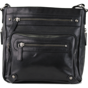 Black leather crossbody bag with multiple zippers on a white background - okotoks hc pharmacy