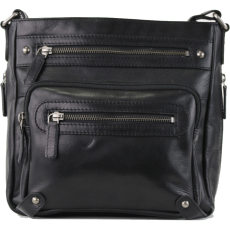 Black leather crossbody bag with multiple zippers on a white background - okotoks hc pharmacy