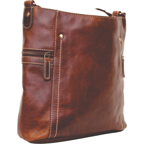 Brown leather handbag with visible stitching on a white background - okotoks hc pharmacy