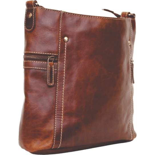 Brown leather handbag with visible stitching on a white background - okotoks hc pharmacy