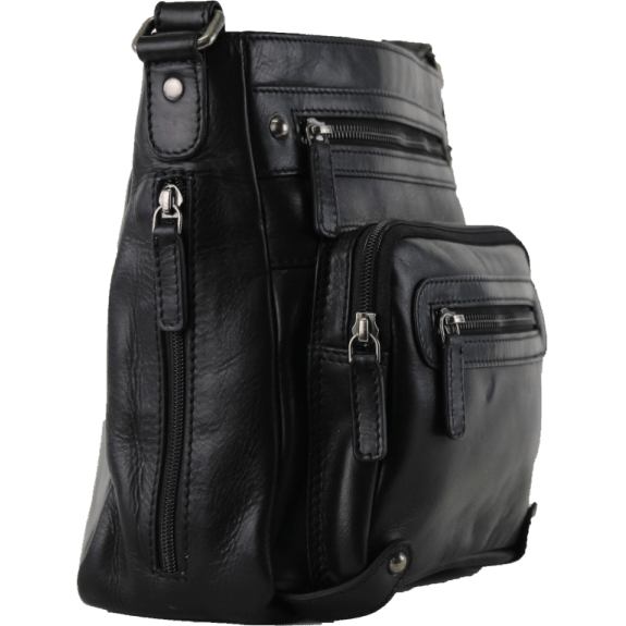 Black leather bag with multiple zippers on a white background - okotoks hc pharmacy