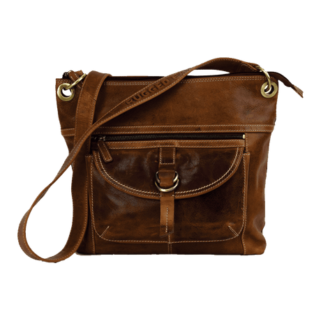 Brown leather crossbody bag on a white background - okotoks hc pharmacy