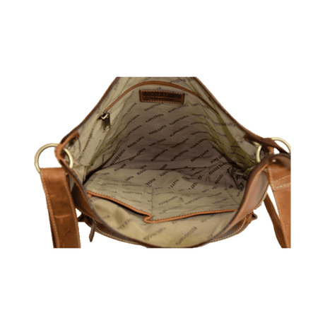 Open brown leather bag with visible brand logo on a white background - okotoks hc pharmacy