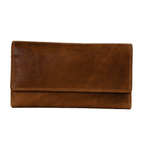 A brown leather wallet with a fold-over flap and visible stitching, photographed against a plain white background. - okotoks hc pharmacy