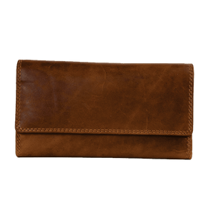 A brown leather wallet with a fold-over flap and visible stitching, photographed against a plain white background. - okotoks hc pharmacy