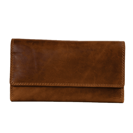A brown leather wallet with a fold-over flap and visible stitching, photographed against a plain white background. - okotoks hc pharmacy