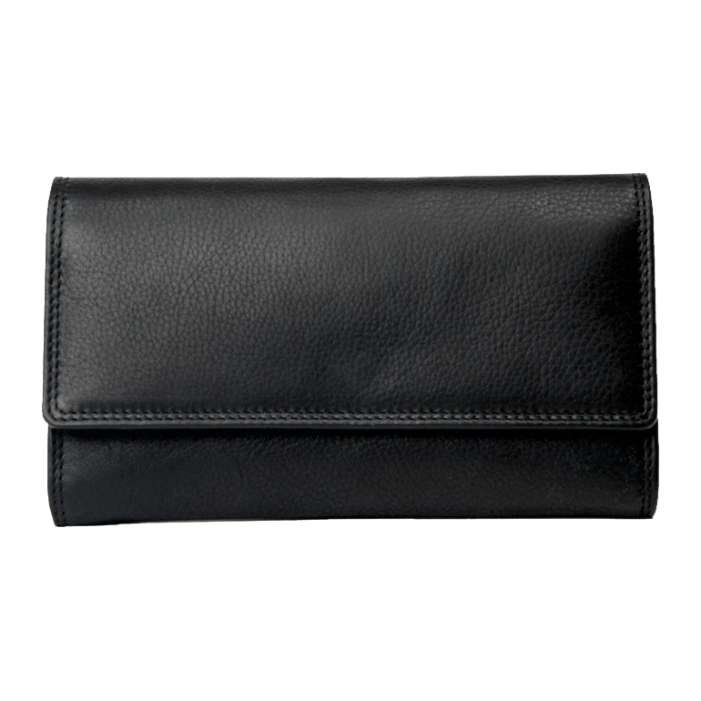 A black pebbled leather wallet with a fold-over flap, shown from the front on a plain white background. - okotoks hc pharmacy