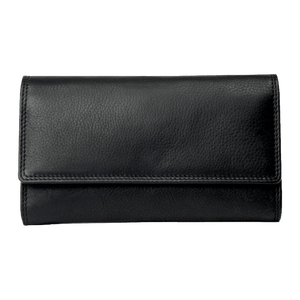 A black pebbled leather wallet with a fold-over flap, shown from the front on a plain white background. - okotoks hc pharmacy