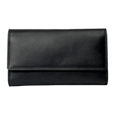A black pebbled leather wallet with a fold-over flap, shown from the front on a plain white background. - okotoks hc pharmacy
