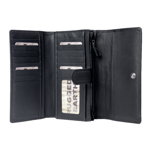 An open black leather wallet with multiple card slots, a zippered pocket, and a slip pocket containing a card labeled 'RUGGED EARTH', shown on a plain white background. - okotoks hc pharmacy