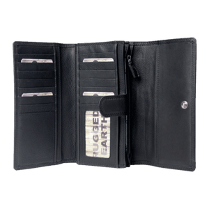 An open black leather wallet with multiple card slots, a zippered pocket, and a slip pocket containing a card labeled 'RUGGED EARTH', shown on a plain white background. - okotoks hc pharmacy