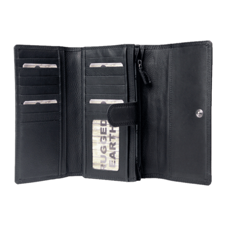 An open black leather wallet with multiple card slots, a zippered pocket, and a slip pocket containing a card labeled 'RUGGED EARTH', shown on a plain white background. - okotoks hc pharmacy
