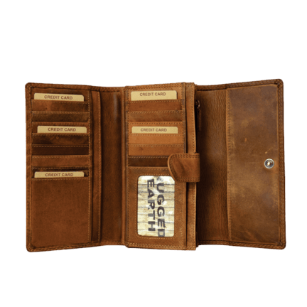An open brown leather wallet with multiple card slots, a clear ID window, and a snap-button closure, shown on a plain white background. - okotoks hc pharmacy