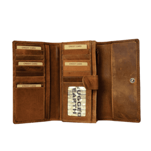 An open brown leather wallet with multiple card slots, a clear ID window, and a snap-button closure, shown on a plain white background. - okotoks hc pharmacy