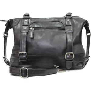 Black leather bag with multiple straps and buckles on a white background - okotoks hc pharmacy