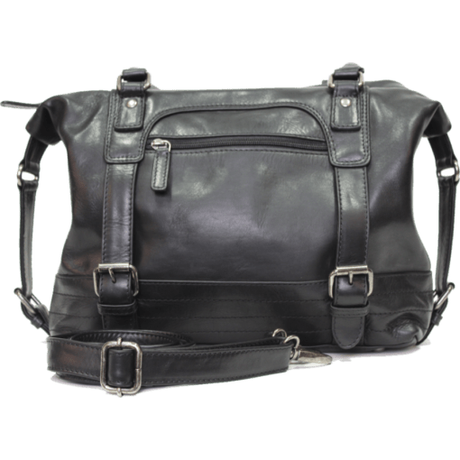 Black leather bag with multiple straps and buckles on a white background - okotoks hc pharmacy