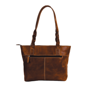 Brown leather handbag with braided handle on a white background - okotoks hc pharmacy
