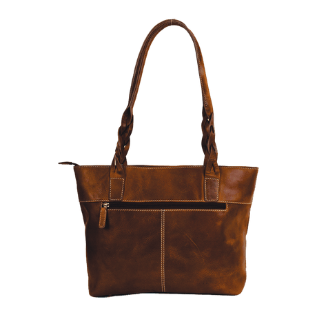 Brown leather handbag with braided handle on a white background - okotoks hc pharmacy